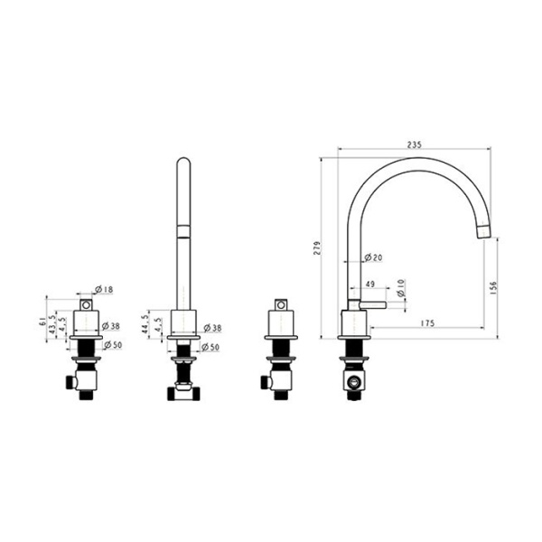 Aero 3 Hole Gold Finish Kitchen Tap